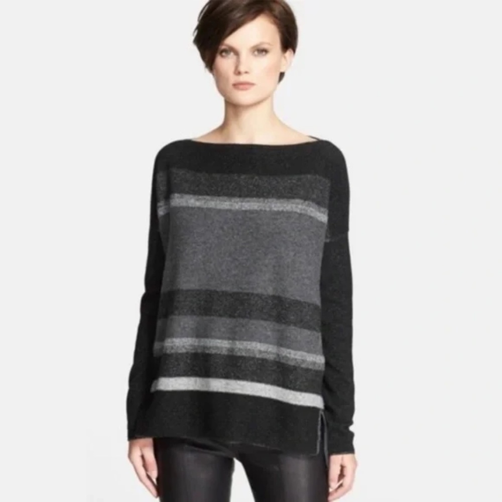 Vince Knit sweater Cashmere Wool Striped Boatneck Pullover Gray M Oversized